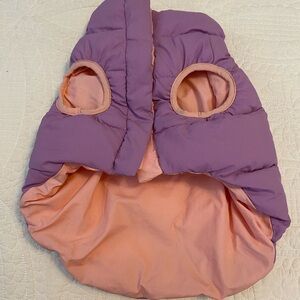 Purple and Pink Puffer Jacket for dogs with a Pull String and Slot For Leash.
